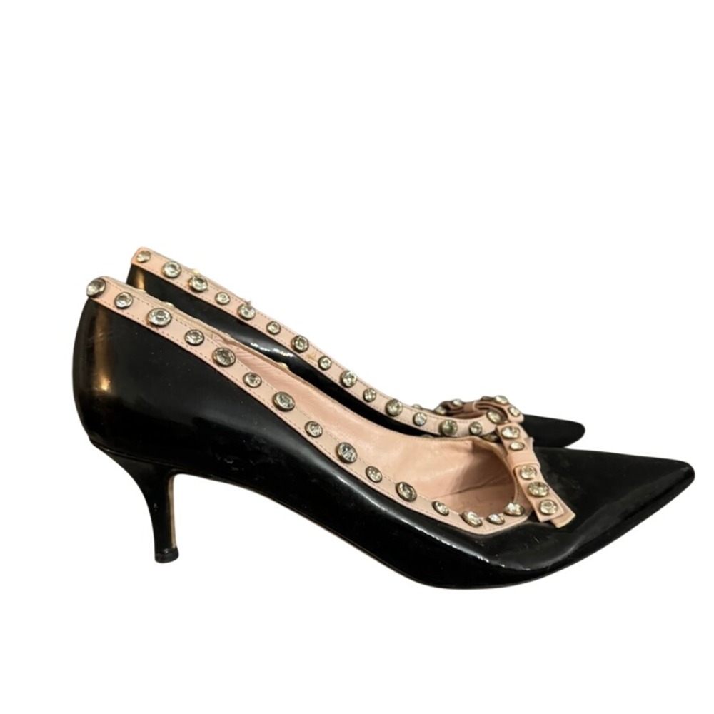 Kate Spade Black Patent Leather Crystal Stud Bow Kitten Heel Made in Italy 10